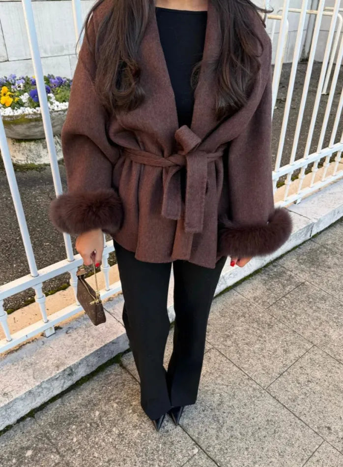 WOLLMANTEL MIT PELZ - MOCCA