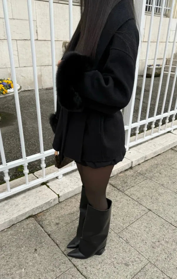 WOLLMANTEL MIT PELZ - SCHWARZ