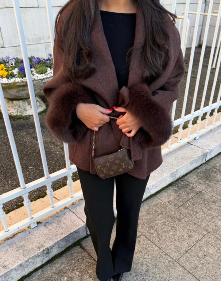 WOLLMANTEL MIT PELZ - MOCCA